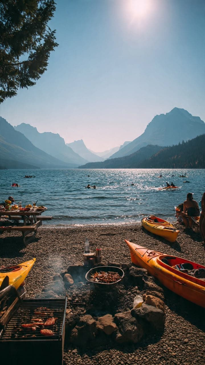 A lakeside campsite at golden hour, kayaks pulled up on the shore