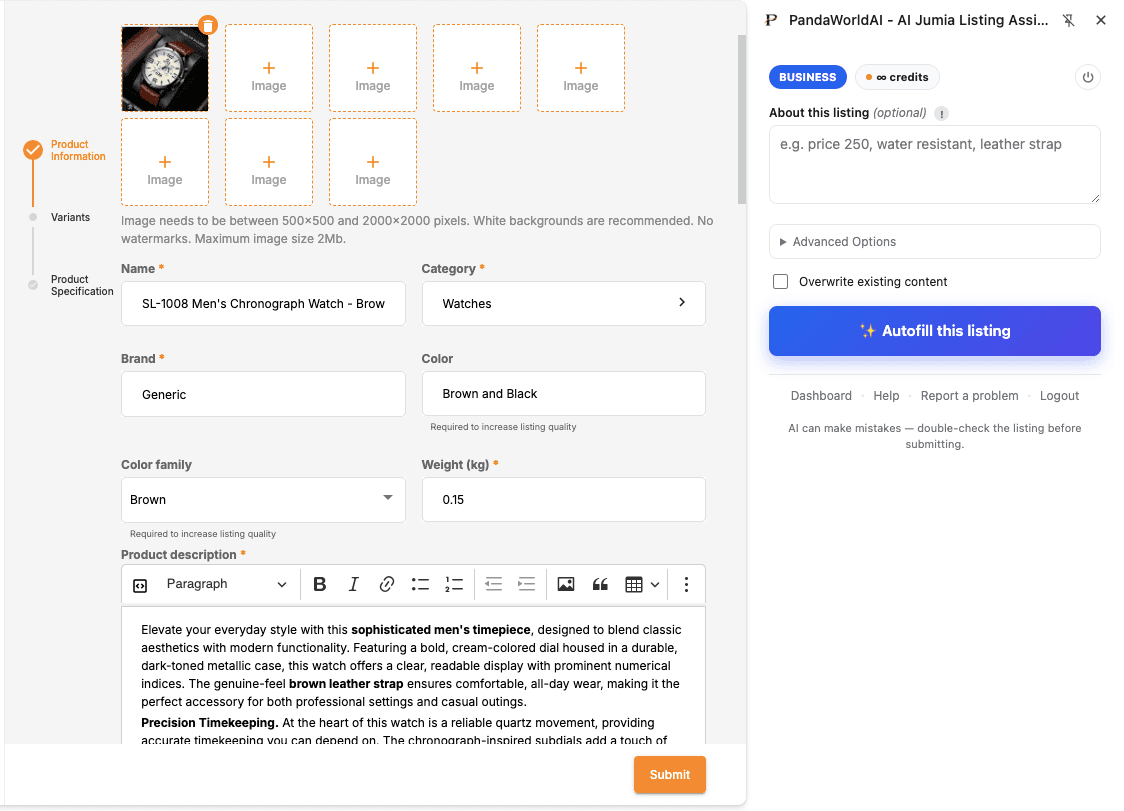 Jumia Vendor Center listing form: PandaWorld extension has filled in the name, category, brand, color, and weight