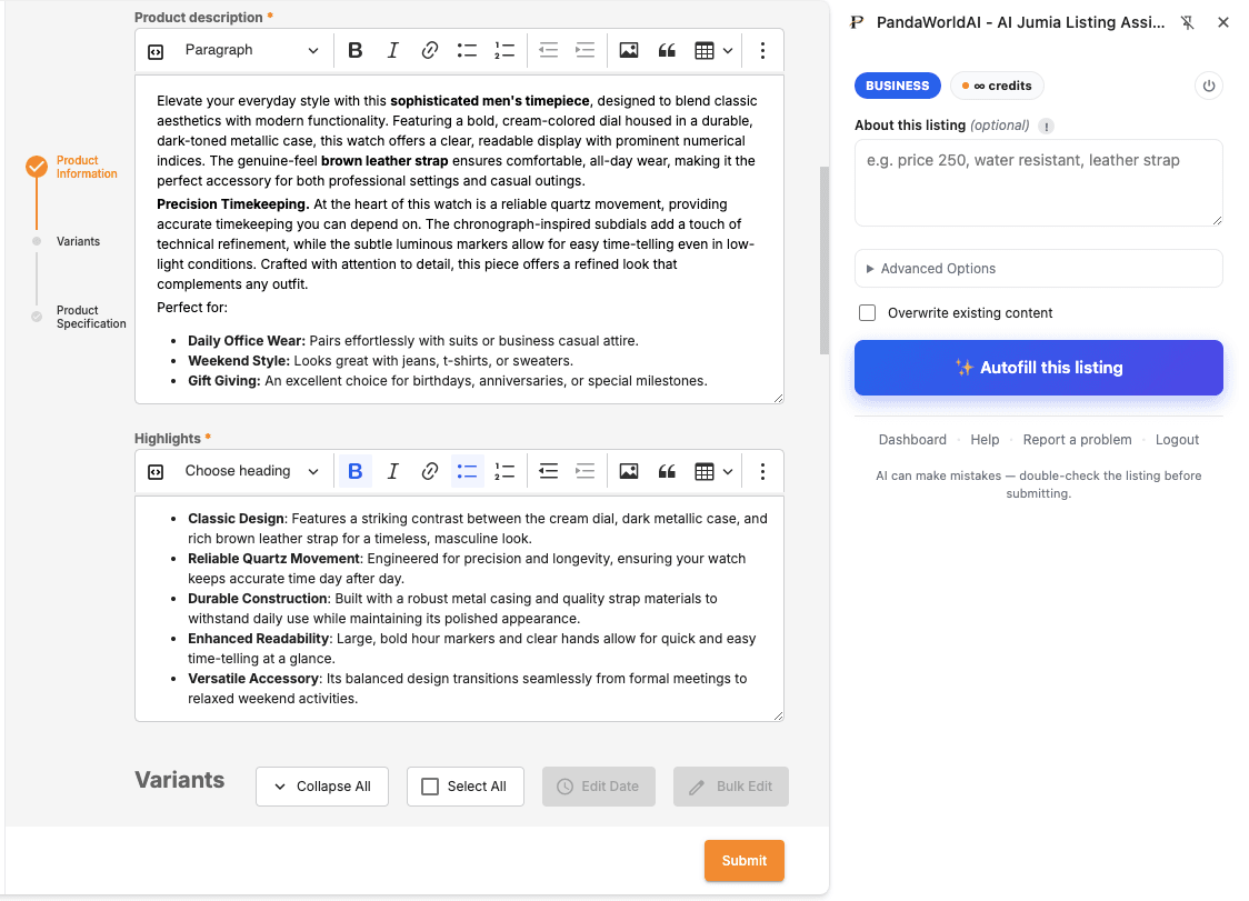 Jumia Vendor Center listing form: PandaWorld extension has written the full product description and highlights