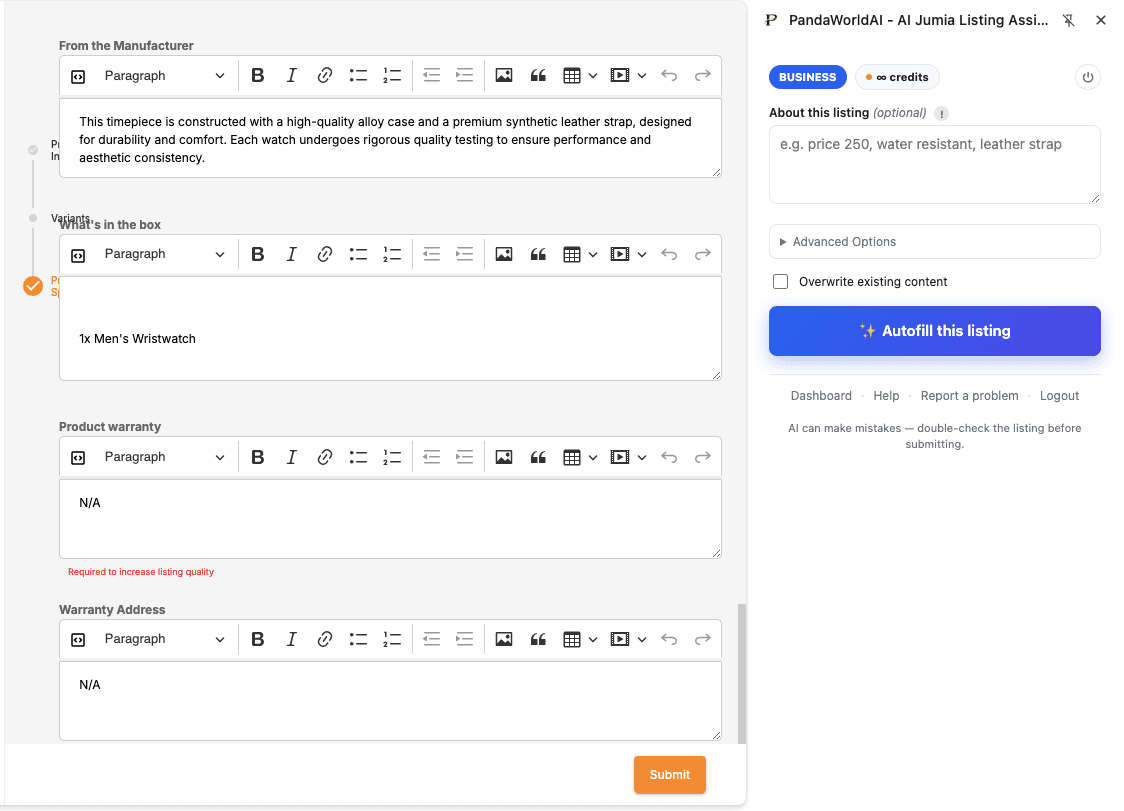 Jumia Vendor Center listing form: PandaWorld extension has filled in manufacturer details, what's in the box, and warranty
