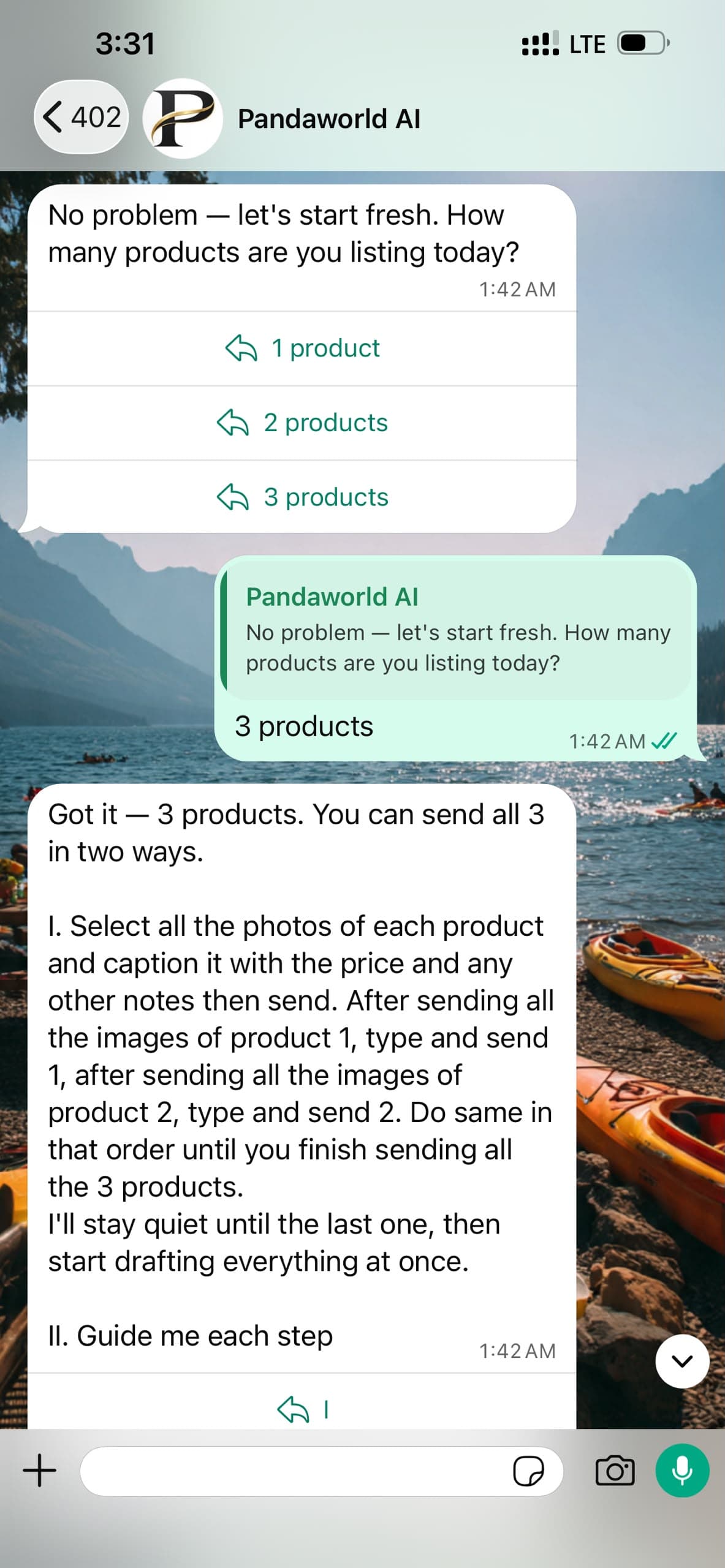 WhatsApp chat: PandaWorld AI asks how many products, seller replies 3 products