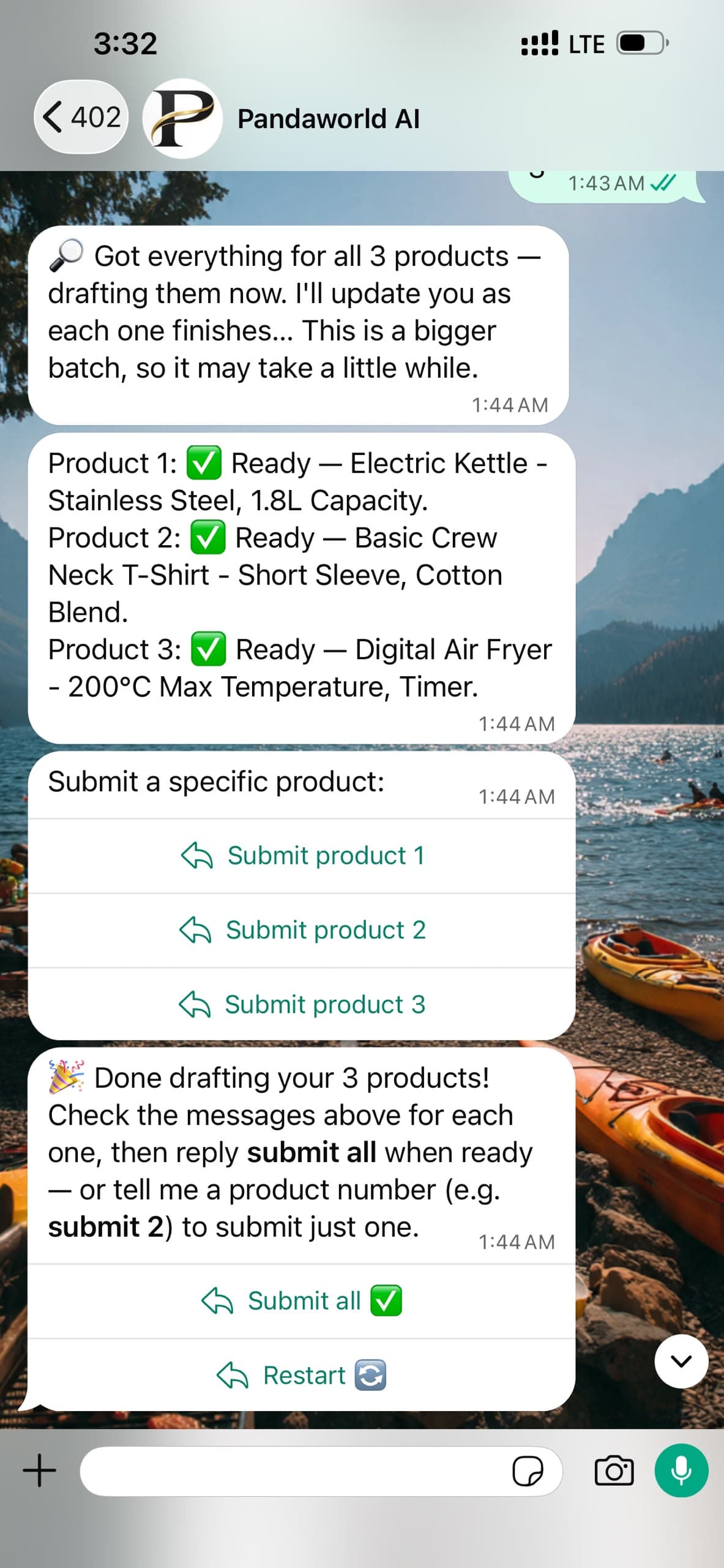 WhatsApp chat: seller taps Submit all to push every listing to Jumia